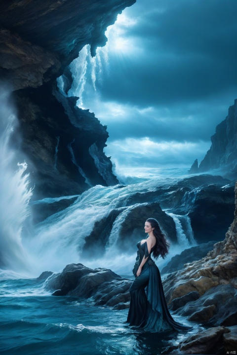2️⃣ A beautiful woman in black dress standing on rocks with waterfalls, stormy sea and waves, rocks in background, dramatic sky, dramatic lighting, fantasy style, fantasy , fantasy setting, fantasy photography, fantasy movie scene, photo realistic, high resolution, hyper detailed, high definition, cinematic, photography, depth of field, HDR