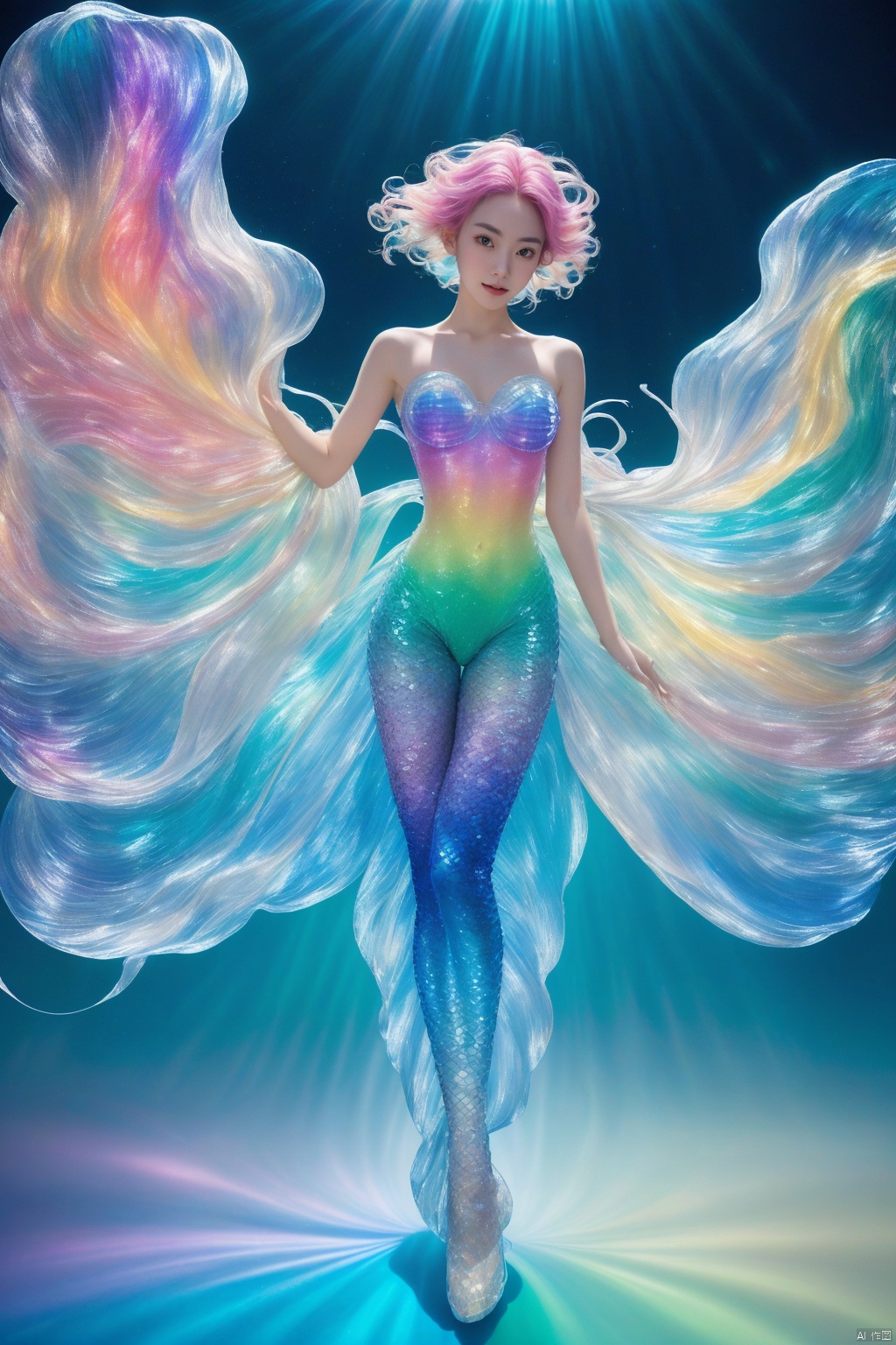 transparent color PVC clothing,transparent color vinyl clothing,prismatic,holographic,chromatic aberration,fashion illustration,masterpiece,girl with harajuku fashion,looking at viewer,8k,ultra detailed,pixiv,solid background,colorful gradient hair, LEISHE, MEIRNEYU