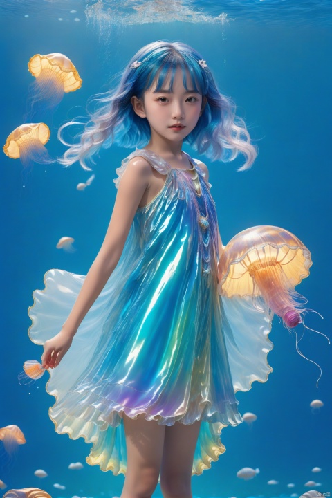 2️⃣ a girl floats above jellyfish and jellyfish in the sea, in the style of detailed costumes, , 32k uhd, dark azure and light azure, arthur tress, childlike