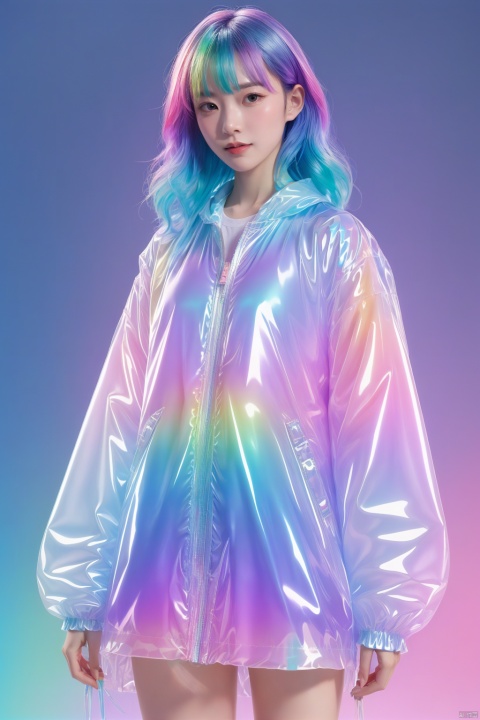 transparent color PVC clothing,transparent color vinyl clothing,prismatic,holographic,chromatic aberration,fashion illustration,masterpiece,girl with harajuku fashion,looking at viewer,8k,ultra detailed,pixiv,solid background,colorful gradient hair