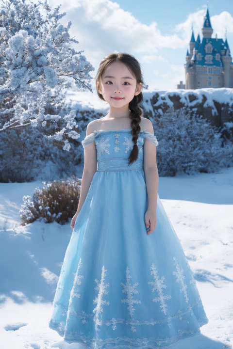 (5 year old girl:1.3),braid,elsa (frozen),(behind him is a huge castle:1.2),dress,solo,snow,blue dress,castle,twin braids,winter,outdoors,cloud,tree,long hair,blue eyes,full body,standing,brown hair,looking at viewer,cloudy sky,snowflakes,building,sky,bare shoulders,hair over shoulder,long dress, XUNYICAO