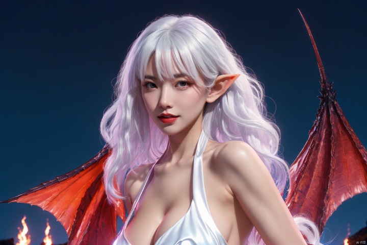 1girl,long hair,red eyes,dragon,pointy ears,white hair,black dress,breasts,looking at viewer,bare shoulders,standing,solo,fantasy (fantasy),red lips,glowing eyes,elf,glowing,medium breasts,fire,outdoors,teeth, LEISHE