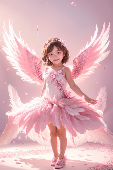 (5-year-old girl:1.4),wings,dress,solo,brown hair,feathered wings,feathers,pink dress,angel wings,white dress,full body,looking at viewer,flower,hair ornament,short hair,petals,hair flower,jewelry,standing,white wings,brown eyes,high heels,pink crystal shoes,