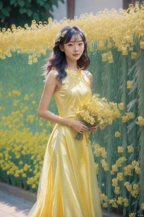 A 20-year-old Chinese girl wearing a yellow wedding dress, standing in front of a flower wall covered in rapeseed flowers, with fair skin, delicate facial features, and high definition