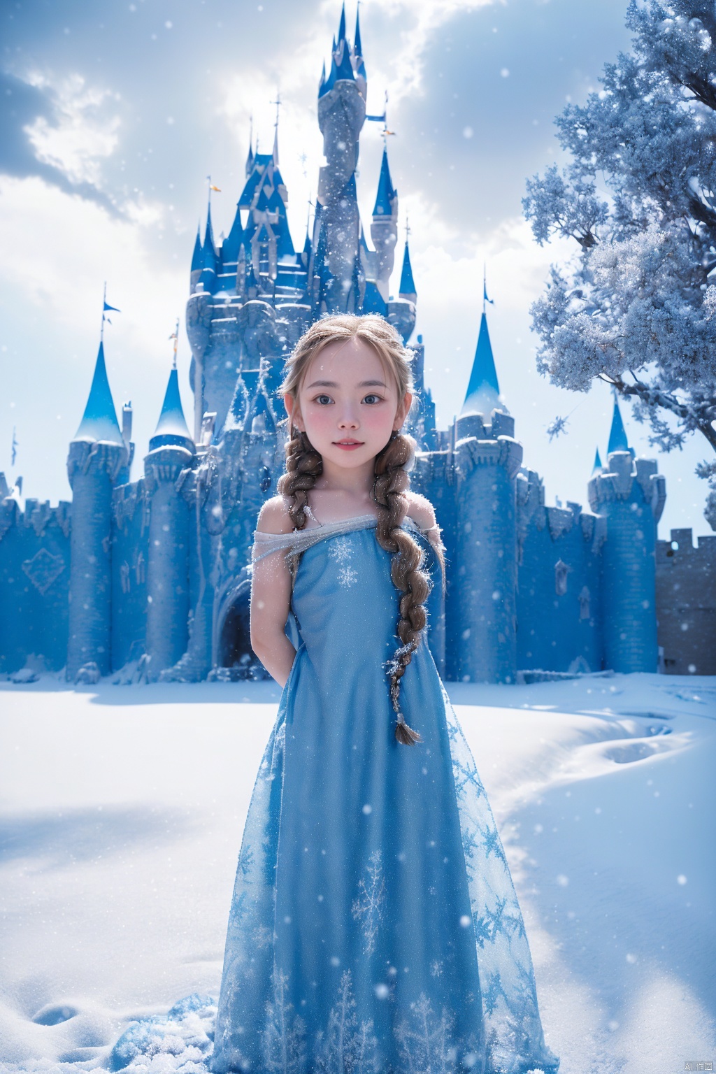 (5 year old girl:1.3),braid,elsa (frozen),(behind him is a huge castle:1.2),dress,solo,snow,blue dress,castle,twin braids,winter,outdoors,cloud,tree,long hair,blue eyes,full body,standing,brown hair,looking at viewer,cloudy sky,snowflakes,building,sky,bare shoulders,hair over shoulder,long dress,