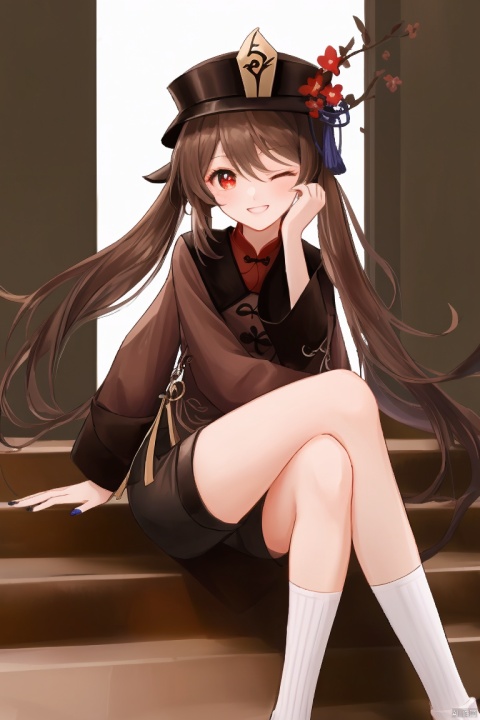  masterpiece,best quality,1girl, solo, long hair, looking at viewer, smile, brown hair, red eyes, long sleeves, hat, hair between eyes, twintails, sitting, flower, one eye closed, shorts, socks, english text, symbol-shaped pupils, short shorts, chinese clothes, black shorts, crossed legs, white socks, black nails, happy birthday, chocolate, stairs, valentine, hu tao \(genshin impact\)