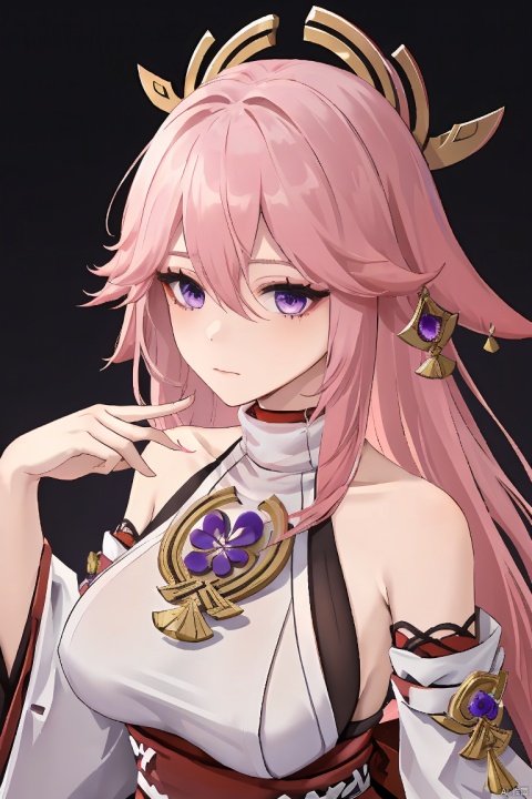  masterpiece, yae miko, 1girl, solo, breasts, pink hair, purple eyes, long hair, looking at viewer, detached sleeves, hair between eyes, bare shoulders, wide sleeves, japanese clothes, large breasts, hair ornament, upper body, bangs, closed mouth