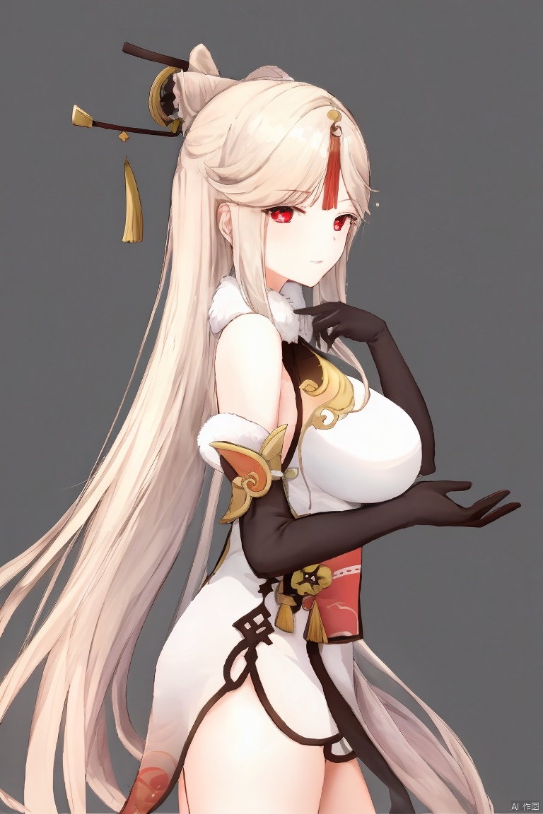  masterpiece,best quality,1girl, solo, long hair, breasts, looking at viewer, bangs, large breasts, hair ornament, red eyes, gloves, dress, bare shoulders, white hair, sidelocks, detached sleeves, elbow gloves, from side, parted bangs, chinese clothes, china dress, fur collar, hairpin, ningguang \(genshin impact\)