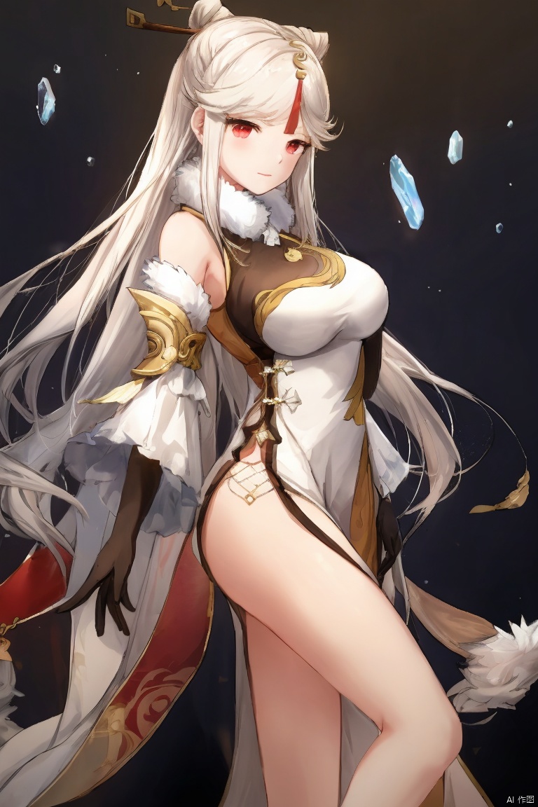  masterpiece,best quality,1girl, solo, long hair, breasts, looking at viewer, bangs, large breasts, hair ornament, red eyes, gloves, dress, bare shoulders, white hair, sidelocks, detached sleeves, elbow gloves, from side, parted bangs, chinese clothes, china dress, fur collar, hairpin, ningguang \(genshin impact\)
