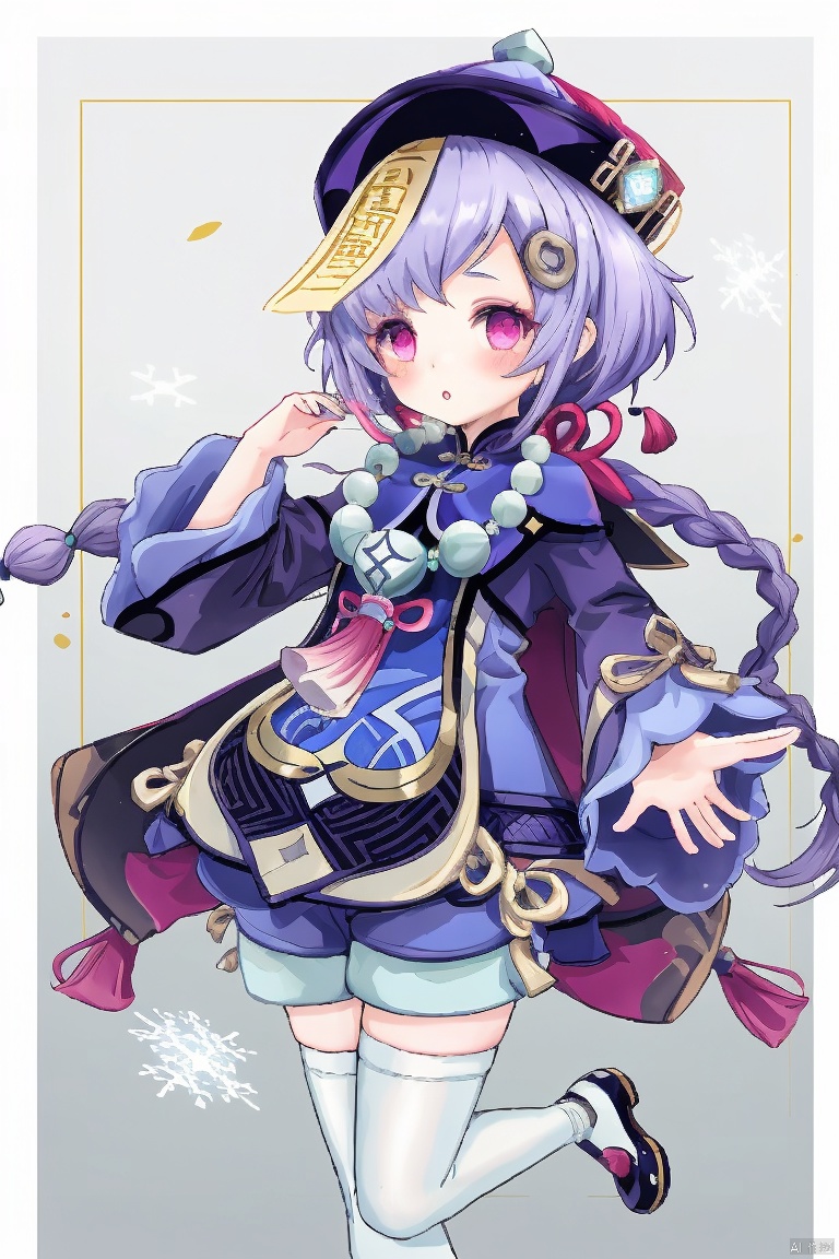 qiqi, 1girl, qiqi \(genshin impact\), thighhighs, solo, hat, purple eyes, braid, white thighhighs, long sleeves, purple hair, qing guanmao, hair ornament, purple headwear, jewelry, ofuda, beads, wide sleeves, bead necklace, vision \(genshin impact\), necklace, long hair, blush, purple jacket, looking at viewer, dress, snowflakes, jiangshi, parted lips, bangs, standing on one leg, shoes, yin yang, single braid, coin hair ornament, cropped jacket, shorts, :o