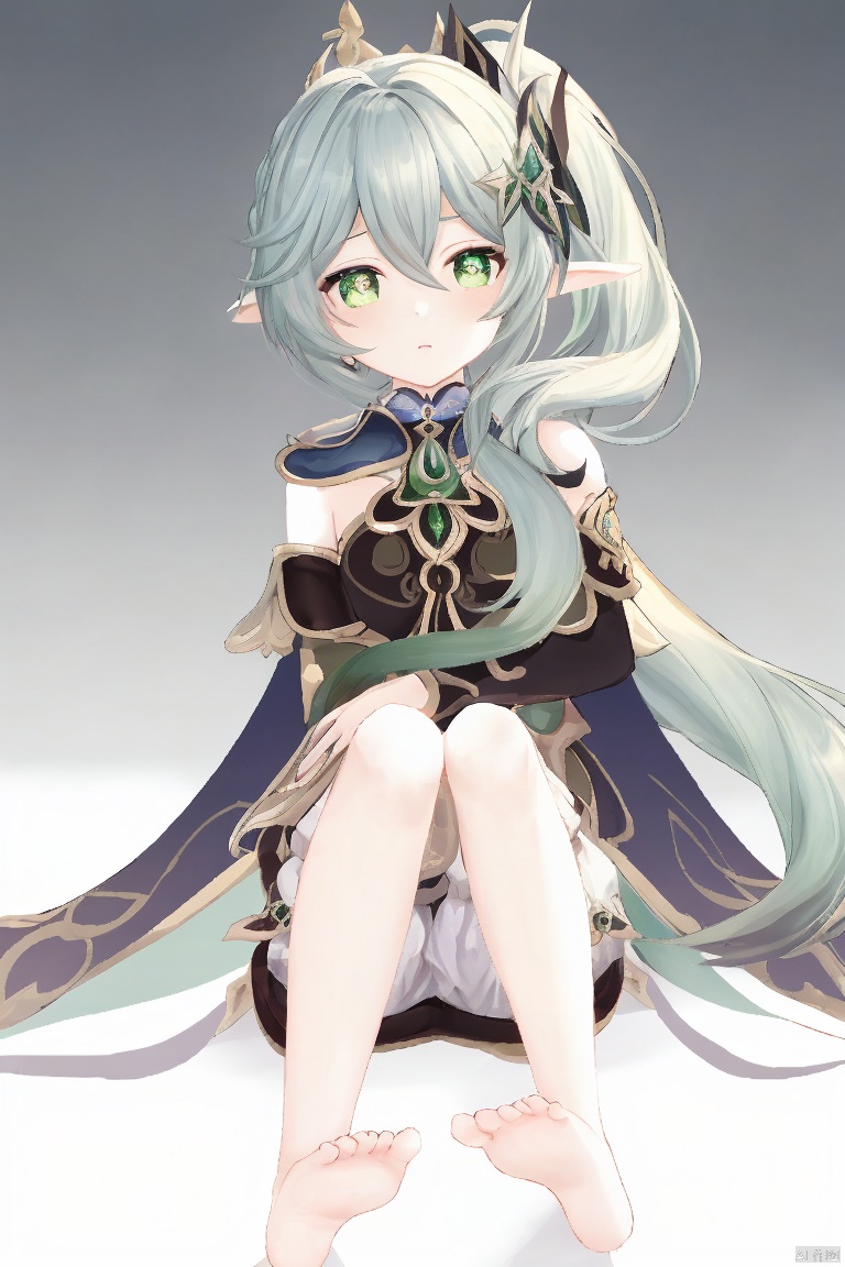  masterpiece,best quality,1girl, solo, long hair, looking at viewer, bangs, simple background, hair ornament, white background, dress, hair between eyes, sitting, underwear, green eyes, full body, ponytail, white hair, multicolored hair, detached sleeves, green hair, barefoot, pointy ears, cape, white dress, side ponytail, feet, legs, symbol-shaped pupils, gradient hair, toes, soles, knees up, bloomers, white bloomers, nahida \(genshin impact\)
