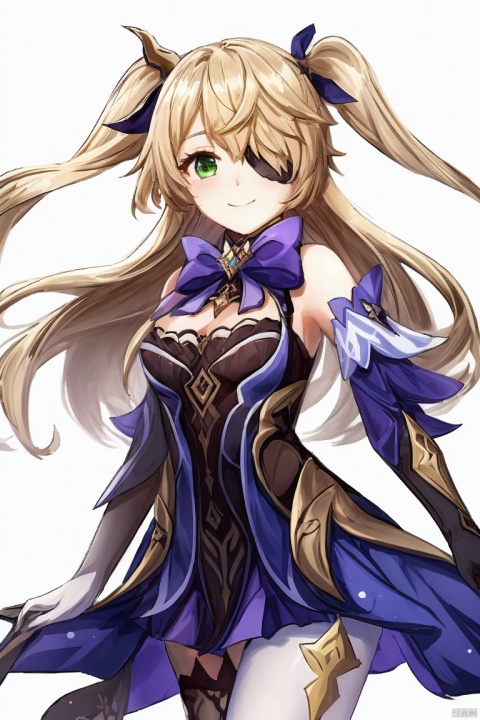  masterpiece,best quality,1girl, solo, long hair, breasts, looking at viewer, smile, bangs, blonde hair, simple background, hair ornament, thighhighs, gloves, white background, bow, ribbon, green eyes, hair ribbon, pantyhose, detached sleeves, hair over one eye, two side up, eyepatch, single glove, bodystocking, fischl \(genshin impact\)