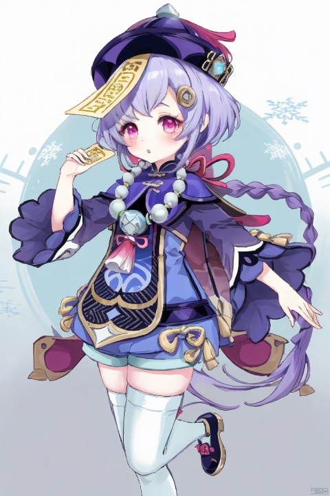 qiqi, 1girl, qiqi \(genshin impact\), thighhighs, solo, hat, purple eyes, braid, white thighhighs, long sleeves, purple hair, qing guanmao, hair ornament, purple headwear, jewelry, ofuda, beads, wide sleeves, bead necklace, vision \(genshin impact\), necklace, long hair, blush, purple jacket, looking at viewer, dress, snowflakes, jiangshi, parted lips, bangs, standing on one leg, shoes, yin yang, single braid, coin hair ornament, cropped jacket, shorts, :o