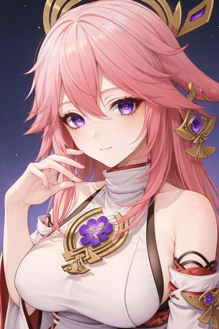  masterpiece, yae miko, 1girl, solo, breasts, pink hair, purple eyes, long hair, looking at viewer, detached sleeves, hair between eyes, bare shoulders, wide sleeves, japanese clothes, large breasts, hair ornament, upper body, bangs, closed mouth