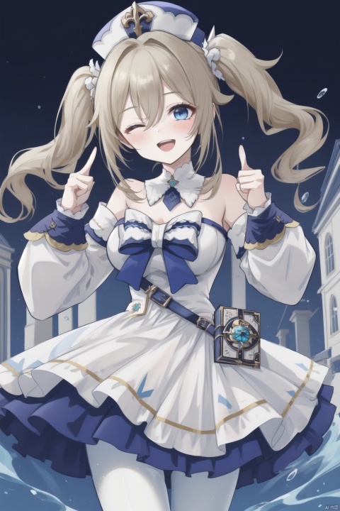  barbara, 1girl, barbara \(genshin impact\), dress, solo, one eye closed, blue eyes, smile, twintails, water, pantyhose, white dress, white pantyhose, open mouth, ;d, looking at viewer, drill hair, book, blonde hair, vision \(genshin impact\), detached sleeves, blush, twin drills, bare shoulders, breasts, hat, long hair, long sleeves, index finger raised, detached collar, white headwear, cross, heart, bangs, cowboy shot, bow, hair ornament, latin cross, building, strapless dress