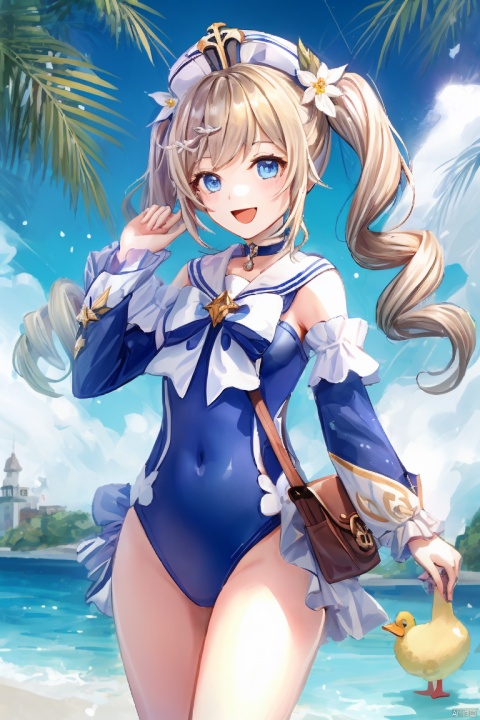  masterpiece,best quality,1girl, solo, long hair, looking at viewer, smile, open mouth, bangs, blue eyes, blonde hair, hair ornament, long sleeves, hat, bow, twintails, swimsuit, flower, :d, detached sleeves, choker, bag, official alternate costume, one-piece swimsuit, v, covered navel, drill hair, twin drills, handbag, sailor hat, double v, duck, barbara \(genshin impact\)