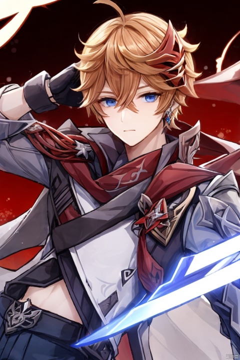  masterpiece,best quality,solo, bangs, blue eyes, gloves, 1boy, holding, hair between eyes, jewelry, closed mouth, jacket, weapon, ahoge, male focus, black gloves, pants, scarf, holding weapon, orange hair, mask, single earring, red scarf, vision \(genshin impact\), mask on head, red mask, tartaglia \(genshin impact\)