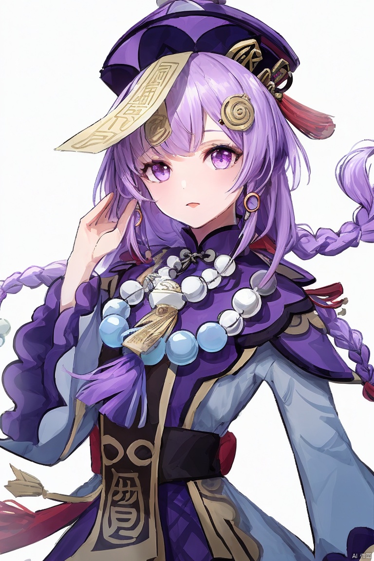  masterpiece,best quality,1girl, solo, long hair, looking at viewer, bangs, hair ornament, long sleeves, hat, dress, jewelry, purple eyes, upper body, purple hair, braid, horns, necklace, beads, ofuda, jiangshi, bead necklace, sheep, qing guanmao, coin hair ornament, qiqi \(genshin impact\)