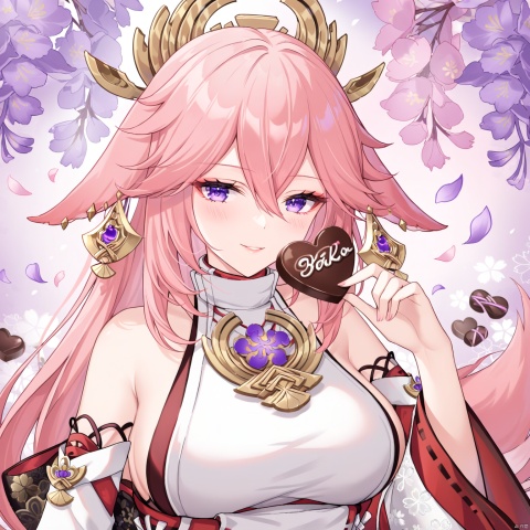  yae miko, 1girl, solo, breasts, purple eyes, smile, heart-shaped chocolate, pink hair, food, looking at viewer, chocolate, candy, long hair, fox ears, large breasts, animal ears, bare shoulders, blush, hair between eyes, heart, upper body, bangs, detached sleeves, holding, japanese clothes, hair ornament, parted lips, wide sleeves, holding food, jewelry, earrings, shirt, long sleeves, petals, flower