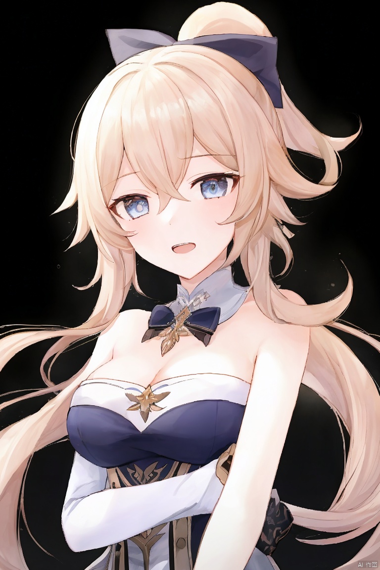  masterpiece,best quality,1girl, solo, long hair, breasts, looking at viewer, blush, open mouth, bangs, blue eyes, blonde hair, bow, cleavage, hair between eyes, bare shoulders, medium breasts, upper body, ponytail, hair bow, sidelocks, sleeveless, bare arms, strapless, black bow, detached collar, index fingers together, jean \(genshin impact\)