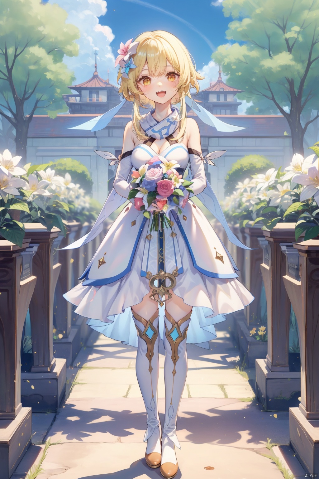 lumine, lumine \(genshin impact\), flower, blonde hair, breasts, white dress, smile, hair ornament, dress, hair flower, cleavage, yellow eyes, bangs, bare shoulders, holding, open mouth, 1girl, thighhighs, thigh boots, looking at viewer, bird, short hair with long locks, detached sleeves, :d, hair between eyes, bouquet, medium breasts, outdoors, white scarf, solo focus, sidelocks, boots, blush, standing, petals, red flower, feathers, scarf