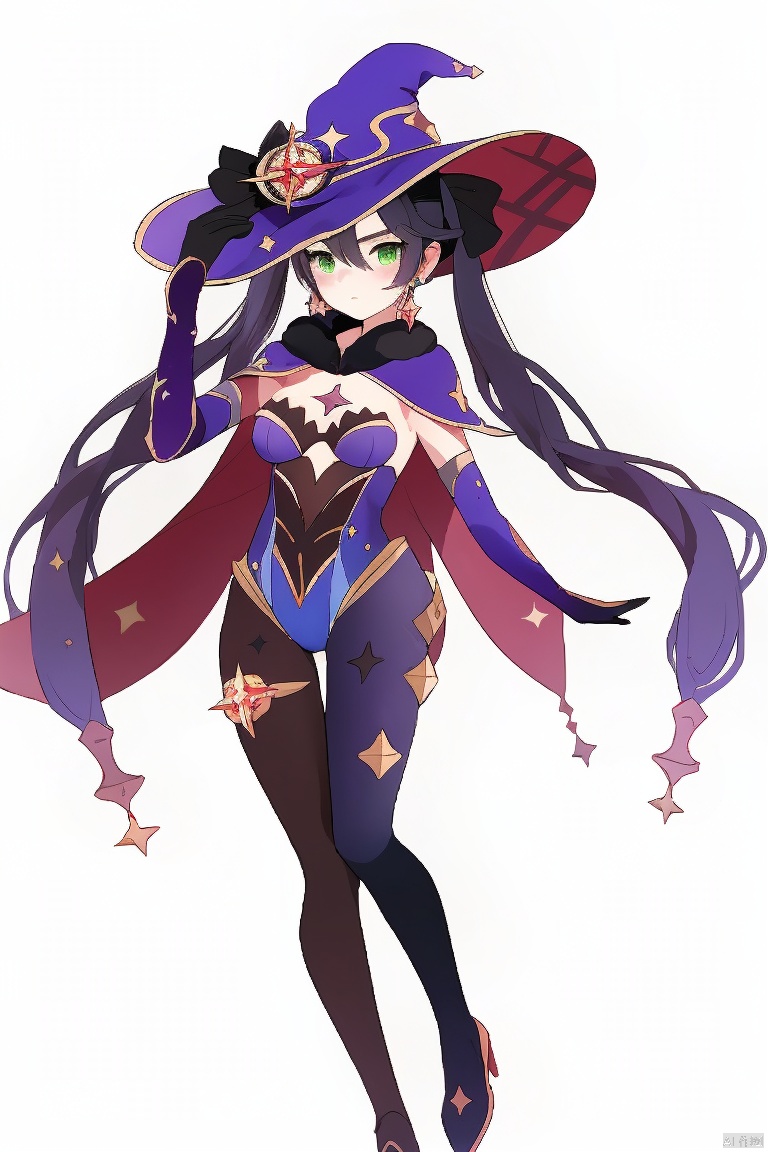  masterpiece,best quality,1girl, solo, long hair, breasts, looking at viewer, bangs, simple background, black hair, gloves, hat, white background, hair between eyes, twintails, jewelry, medium breasts, closed mouth, green eyes, standing, full body, pantyhose, earrings, detached sleeves, black gloves, cape, leotard, black pantyhose, witch hat, standing on one leg, blue headwear, bodystocking, blue leotard, thighlet, purple headwear, mona \(genshin impact\)
