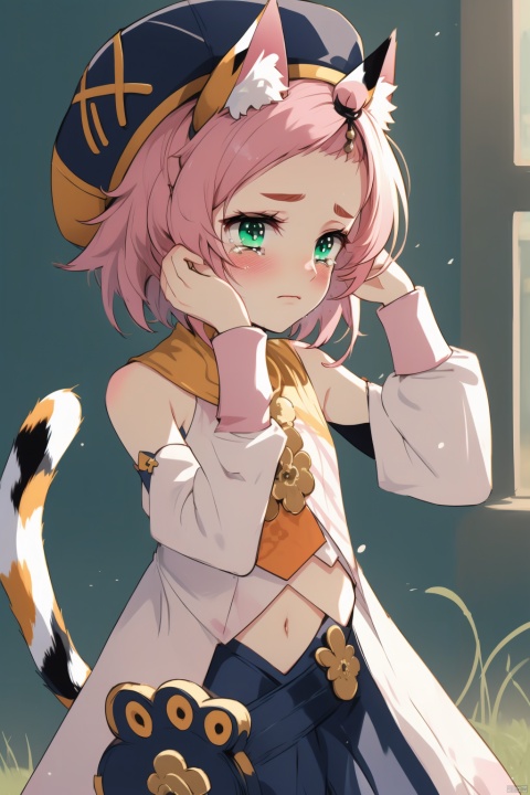diona, 1girl, diona \(genshin impact\), animal ears, pink hair, animal ear fluff, solo, cat ears, cat tail, hat, cat girl, tail, blush, navel, bangs pinned back, tears, thick eyebrows, short hair, crying, detached sleeves, green eyes, bridal gauntlets, crying with eyes open, english text, looking away, puffy sleeves