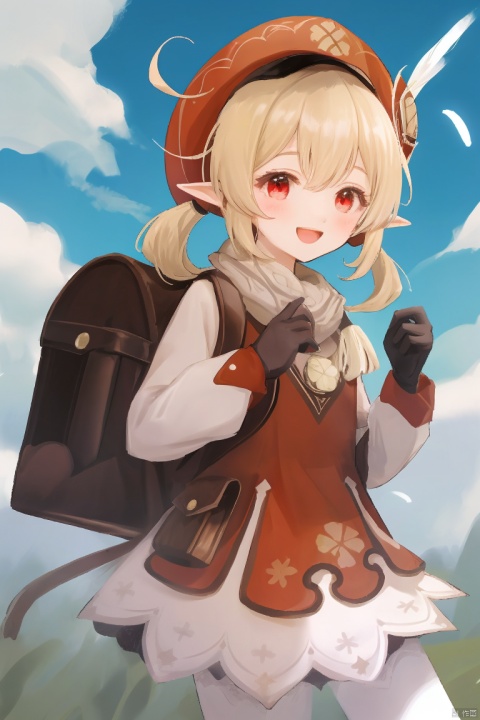  masterpiece,best quality,1girl, solo, long hair, smile, open mouth, bangs, blonde hair, red eyes, gloves, long sleeves, hat, hair between eyes, twintails, ahoge, :d, pointy ears, bag, scarf, low twintails, red dress, backpack, red headwear, brown gloves, cabbie hat, hat feather, clover, klee \(genshin impact\), dodoco \(genshin impact\)