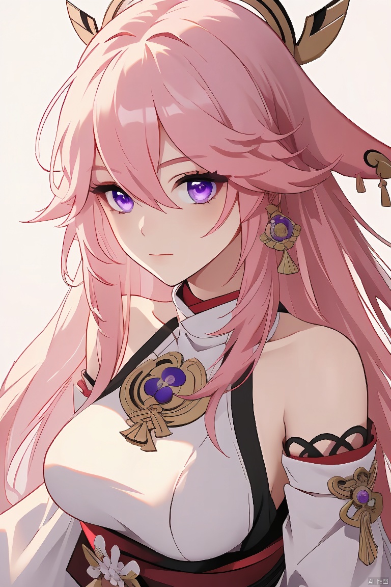  masterpiece, yae miko, 1girl, solo, breasts, pink hair, purple eyes, long hair, looking at viewer, detached sleeves, hair between eyes, bare shoulders, wide sleeves, japanese clothes, large breasts, hair ornament, upper body, bangs, closed mouth