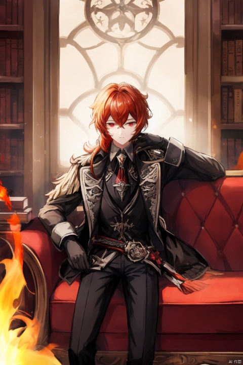 masterpiece,best quality,solo, long hair, looking at viewer, bangs, shirt, red eyes, gloves, long sleeves, 1boy, holding, hair between eyes, sitting, closed mouth, jacket, male focus, red hair, black gloves, pants, book, fire, couch, diluc \(genshin impact\)