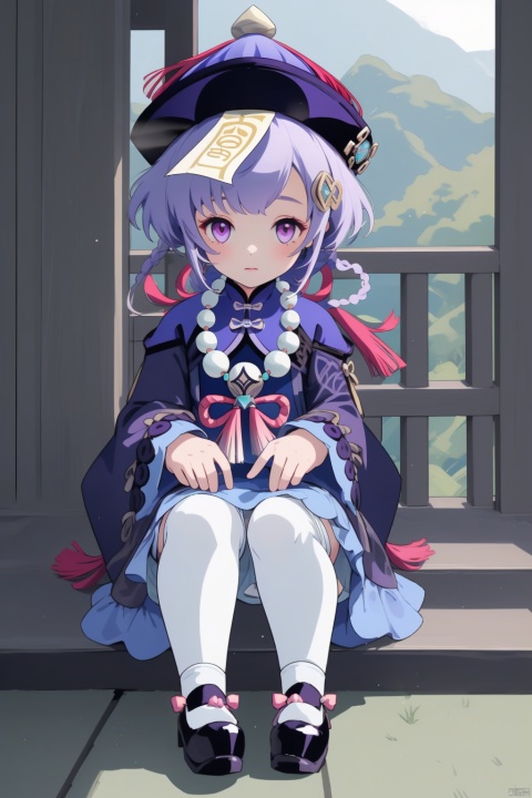 qiqi, 1girl, qiqi \(genshin impact\), solo, hat, qing guanmao, thighhighs, hair ornament, purple hair, long sleeves, beads, sitting, braid, sleeves past fingers, bead necklace, purple eyes, jewelry, looking at viewer, jiangshi, necklace, dress, sleeves past wrists, vision \(genshin impact\), white thighhighs, coin hair ornament, purple headwear, ofuda, long hair, wide sleeves, closed mouth, bangs, black footwear