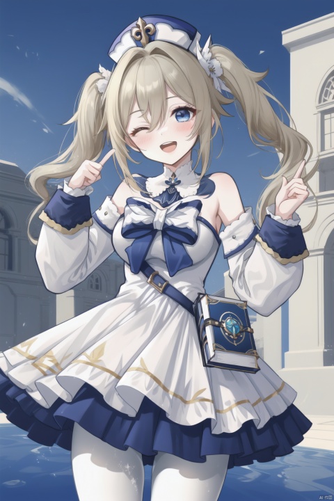  barbara, 1girl, barbara \(genshin impact\), dress, solo, one eye closed, blue eyes, smile, twintails, water, pantyhose, white dress, white pantyhose, open mouth, ;d, looking at viewer, drill hair, book, blonde hair, vision \(genshin impact\), detached sleeves, blush, twin drills, bare shoulders, breasts, hat, long hair, long sleeves, index finger raised, detached collar, white headwear, cross, heart, bangs, cowboy shot, bow, hair ornament, latin cross, building, strapless dress