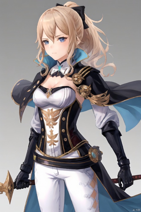 jean, 1girl, jean \(genshin impact\), breasts, solo, blonde hair, capelet, pants, ponytail, gloves, blue eyes, white pants, cleavage, looking at viewer, sword, strapless, weapon, hair bow, hair between eyes, bow, bangs, tight pants, tight, black gloves, long hair, medium breasts, belt, black bow, closed mouth, coattails, corset, jean