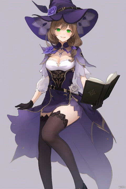  masterpiece,best quality,1girl, solo, long hair, breasts, smile, simple background, brown hair, hair ornament, thighhighs, gloves, hat, dress, cleavage, green eyes, full body, flower, black gloves, black thighhighs, high heels, book, witch hat, rose, open book, purple flower, witch, purple headwear, lisa \(genshin impact\)