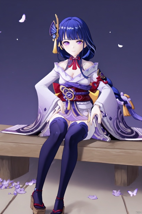 raiden shogun, 1girl, purple hair, japanese clothes, purple eyes, solo, breasts, bug, thighhighs, kimono, sash, hair ornament, obi, long hair, cleavage, butterfly, mole, bangs, purple kimono, mole under eye, bridal gauntlets, flower, wide sleeves, large breasts, braid, sitting, long sleeves, closed mouth, tassel, petals, vision \(genshin impact\), butterfly on hand