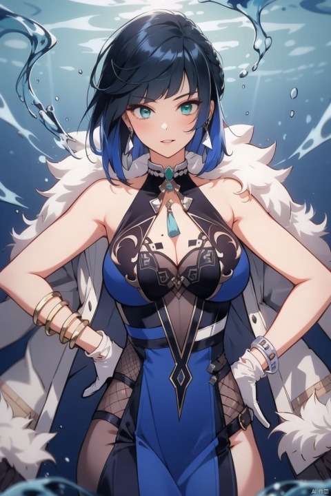 yelan, 1girl, yelan \(genshin impact\), breasts, solo, gloves, bangs, blue hair, short hair, cleavage, looking at viewer, hand on hip, large breasts, jewelry, mole, mole on breast, vision \(genshin impact\), fur trim, green eyes, bare shoulders, water, jacket, smile, earrings, white jacket, diagonal bangs, parted lips, jacket on shoulders, white gloves, dice, cowboy shot, bracelet, black gloves, blunt bangs, elbow gloves, bob cut, asymmetrical gloves, dress, blue dress, sleeveless, fur-trimmed jacket, hand on own chest, pelvic curtain
