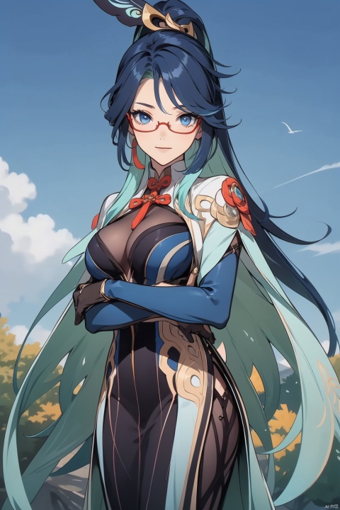 xianyun, 1girl, breasts, glasses, looking at viewer, smile, long hair, multicolored hair, tree, jewelry, chinese clothes, gloves, large breasts, black hair, earrings, outdoors, solo, sky, closed mouth, blue eyes, ponytail, hair ornament, semi-rimless eyewear, bangs, two-tone hair