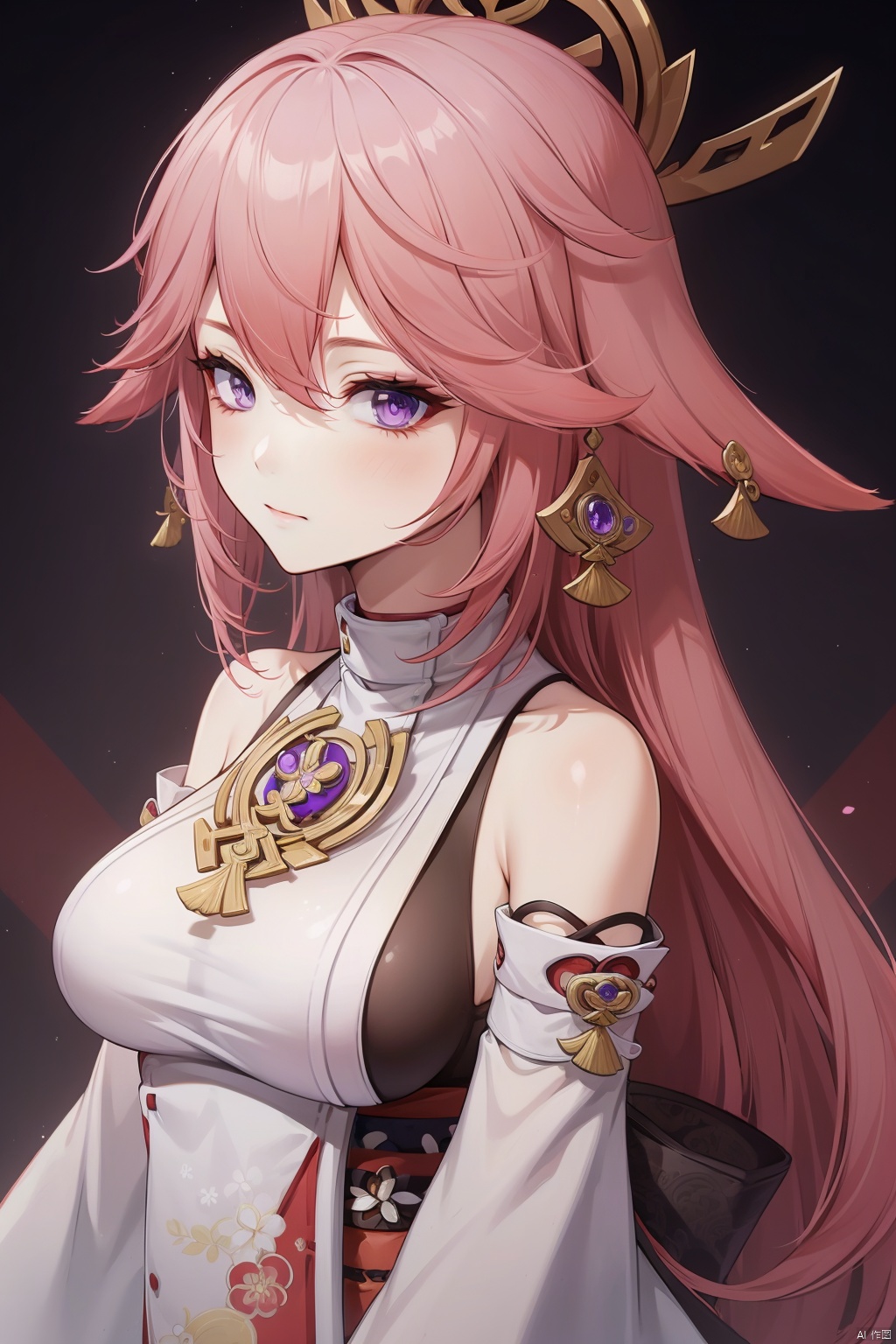 yae miko, 1girl, solo, breasts, pink hair, purple eyes, long hair, looking at viewer, detached sleeves, hair between eyes, bare shoulders, wide sleeves, japanese clothes, large breasts, hair ornament, upper body, bangs, closed mouth, vision \(genshin impact\), long sleeves, blush, jewelry, fox ears