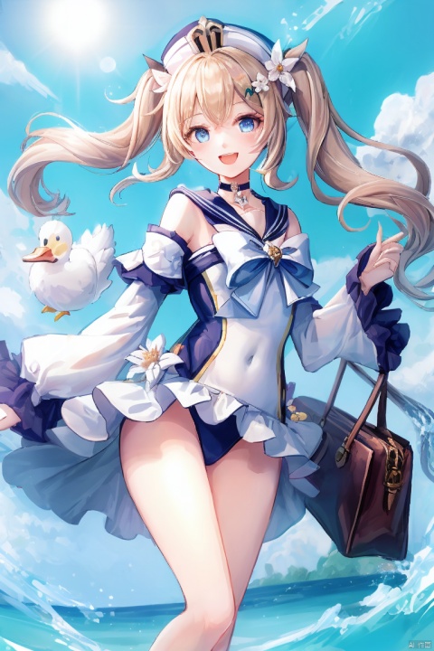  masterpiece,best quality,1girl, solo, long hair, looking at viewer, smile, open mouth, bangs, blue eyes, blonde hair, hair ornament, long sleeves, hat, bow, twintails, swimsuit, flower, :d, detached sleeves, choker, bag, official alternate costume, one-piece swimsuit, v, covered navel, drill hair, twin drills, handbag, sailor hat, double v, duck, barbara \(genshin impact\)