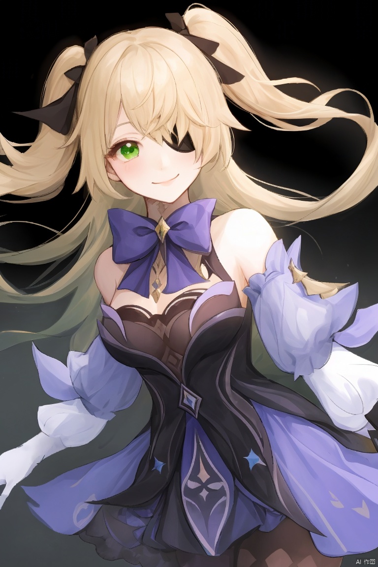  masterpiece,best quality,1girl, solo, long hair, breasts, looking at viewer, smile, bangs, blonde hair, simple background, hair ornament, thighhighs, gloves, white background, bow, ribbon, green eyes, hair ribbon, pantyhose, detached sleeves, hair over one eye, two side up, eyepatch, single glove, bodystocking, fischl \(genshin impact\)