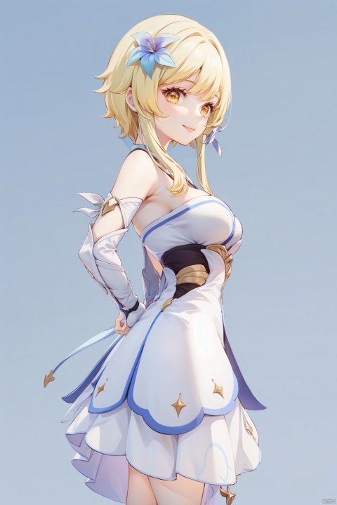 lumine, 1girl, lumine \(genshin impact\), hair flower, hair ornament, flower, blonde hair, solo, dress, yellow eyes, white dress, smile, looking at viewer, arms behind back, breasts, bangs, short hair with long locks, detached sleeves, bare shoulders, simple background, sidelocks, gloves, white flower, white background