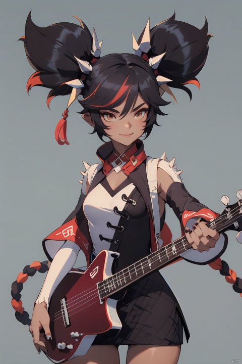 xinyan, 1girl, instrument, solo, dark-skinned female, holding instrument, dark skin, multicolored hair, looking at viewer, yellow eyes, black hair, twintails, breasts, holding, smile, two-tone background, spikes, streaked hair, guitar, bangs, cleavage, red hair, braid, black nails, chinese clothes, red background, detached sleeves, simple background, shoulder spikes, dress
