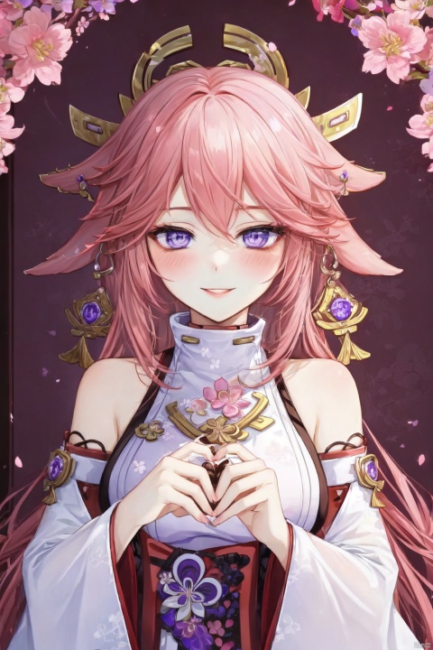 yae miko, 1girl, solo, pink hair, heart-shaped chocolate, chocolate, purple eyes, food, looking at viewer, breasts, smile, candy, long hair, bare shoulders, heart, blush, bangs, holding, upper body, hair ornament, valentine, cherry blossoms, holding food, parted lips, wide sleeves