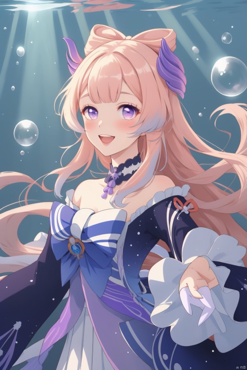 sangonomiya kokomi, 1girl, bow-shaped hair, pink hair, gloves, underwater, solo, fish, white gloves, purple eyes, jellyfish, smile, bangs, looking at viewer, long hair, bare shoulders, bow, vision \(genshin impact\), water, frills, blush, bubble, detached collar, open mouth, wide sleeves, multicolored hair, hair ornament, colored tips, frilled sleeves, detached sleeves