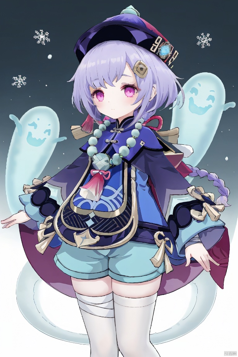 qiqi, 1girl, qiqi \(genshin impact\), hat, necklace, beads, jewelry, snowflakes, bead necklace, purple hair, thighhighs, long sleeves, solo, hair ornament, braid, bangs, ghost, long hair, wide sleeves, purple eyes, shorts, qing guanmao, coin hair ornament, bandages, purple headwear, tassel, full body, vision \(genshin impact\), jiangshi, closed mouth, white thighhighs, looking at viewer, dress