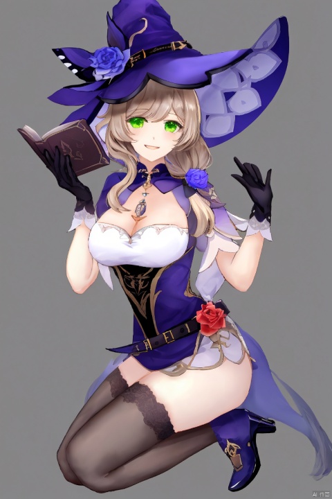  masterpiece,best quality,1girl, solo, long hair, breasts, smile, simple background, brown hair, hair ornament, thighhighs, gloves, hat, dress, cleavage, green eyes, full body, flower, black gloves, black thighhighs, high heels, book, witch hat, rose, open book, purple flower, witch, purple headwear, lisa \(genshin impact\)