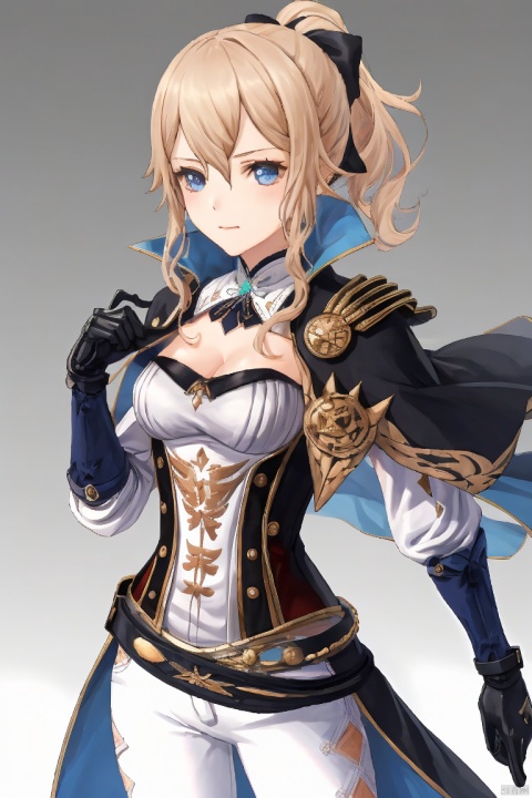 jean, 1girl, jean \(genshin impact\), breasts, solo, blonde hair, capelet, pants, ponytail, gloves, blue eyes, white pants, cleavage, looking at viewer, sword, strapless, weapon, hair bow, hair between eyes, bow, bangs, tight pants, tight, black gloves, long hair, medium breasts, belt, black bow, closed mouth, coattails, corset, jean