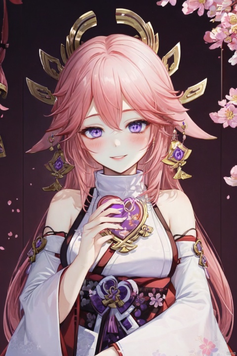 yae miko, 1girl, solo, pink hair, heart-shaped chocolate, chocolate, purple eyes, food, looking at viewer, breasts, smile, candy, long hair, bare shoulders, heart, blush, bangs, holding, upper body, hair ornament, valentine, cherry blossoms, holding food, parted lips, wide sleeves