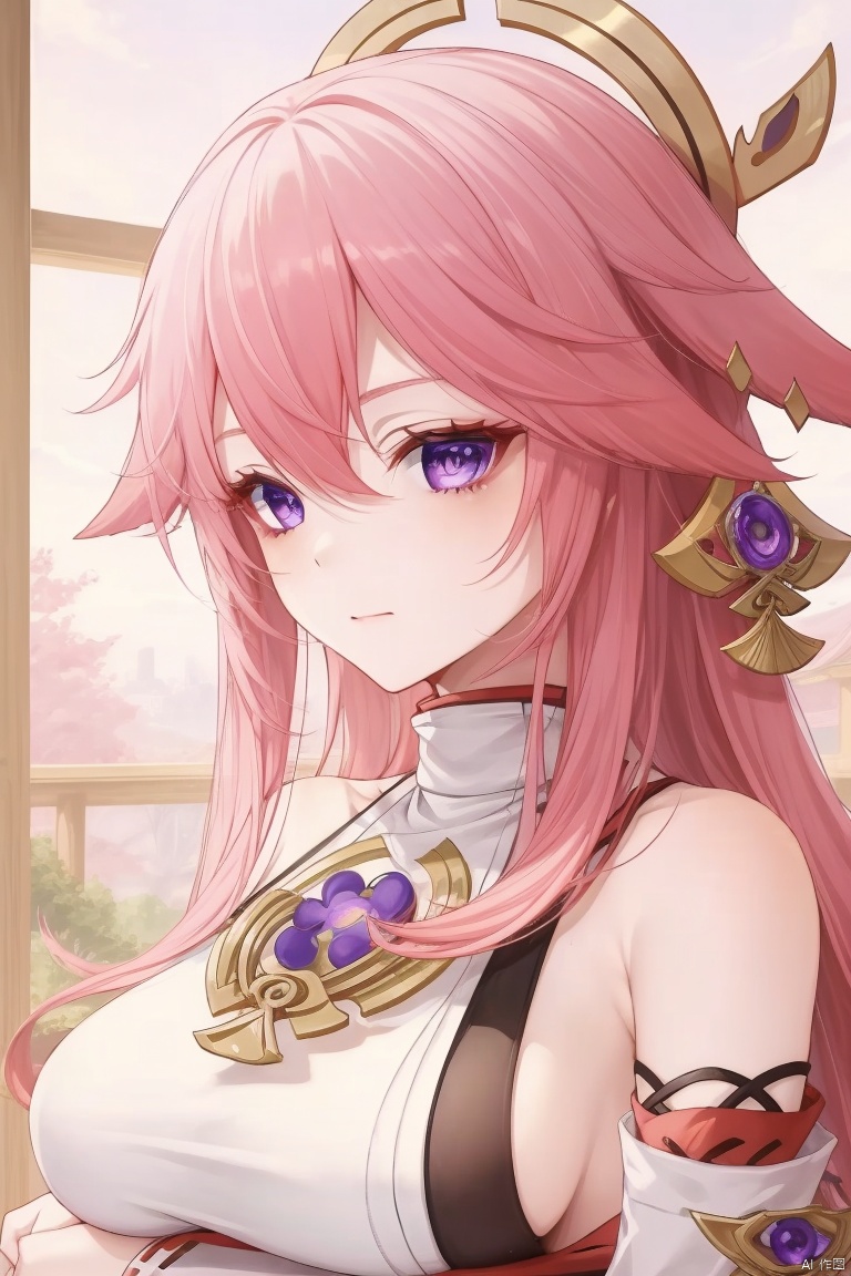  masterpiece, yae miko, 1girl, solo, breasts, pink hair, purple eyes, long hair, looking at viewer, detached sleeves, hair between eyes, bare shoulders, wide sleeves, japanese clothes, large breasts, hair ornament, upper body, bangs, closed mouth