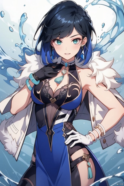 yelan, 1girl, yelan \(genshin impact\), breasts, solo, gloves, bangs, blue hair, short hair, cleavage, looking at viewer, hand on hip, large breasts, jewelry, mole, mole on breast, vision \(genshin impact\), fur trim, green eyes, bare shoulders, water, jacket, smile, earrings, white jacket, diagonal bangs, parted lips, jacket on shoulders, white gloves, dice, cowboy shot, bracelet, black gloves, blunt bangs, elbow gloves, bob cut, asymmetrical gloves, dress, blue dress, sleeveless, fur-trimmed jacket, hand on own chest, pelvic curtain